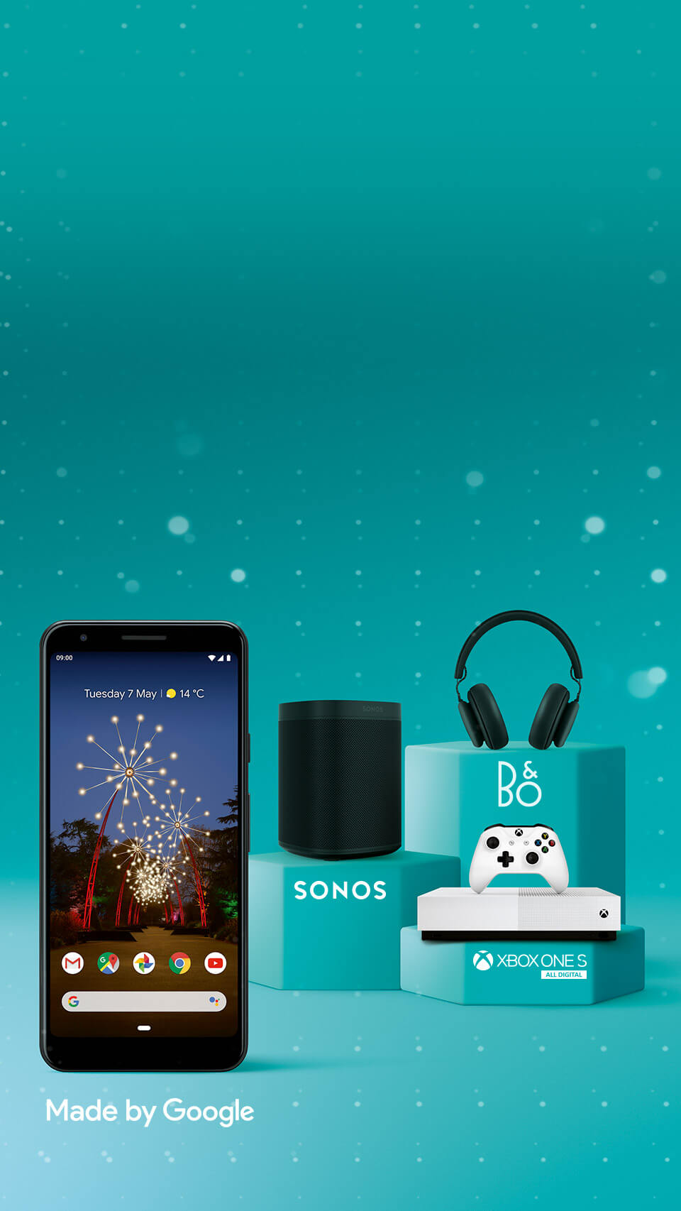  Google Pixel 3a with Sonos speaker, Xbox and B&O headphones 